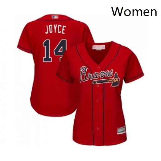 Womens Atlanta Braves 14 Matt Joyce Replica Red Alternate Cool Base Baseball Jersey